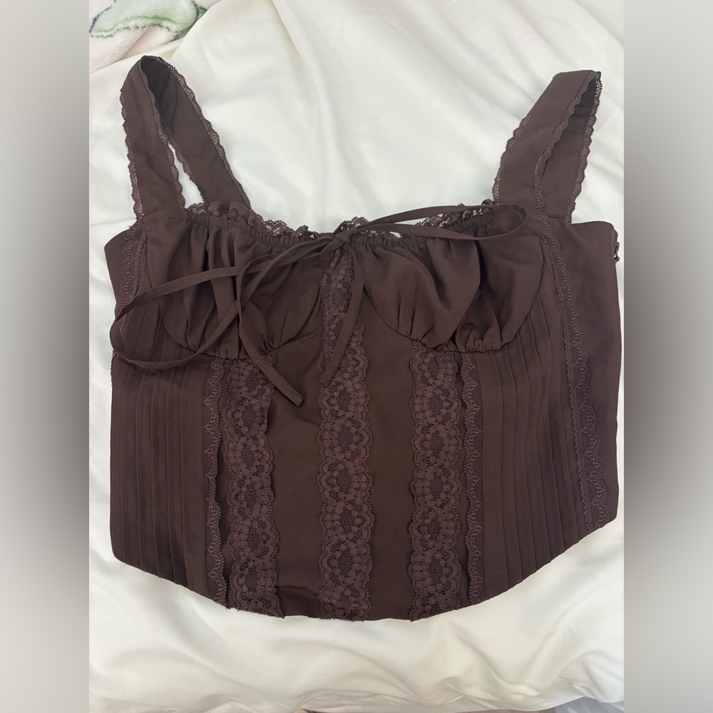 Brown Lace Trim Corset Top